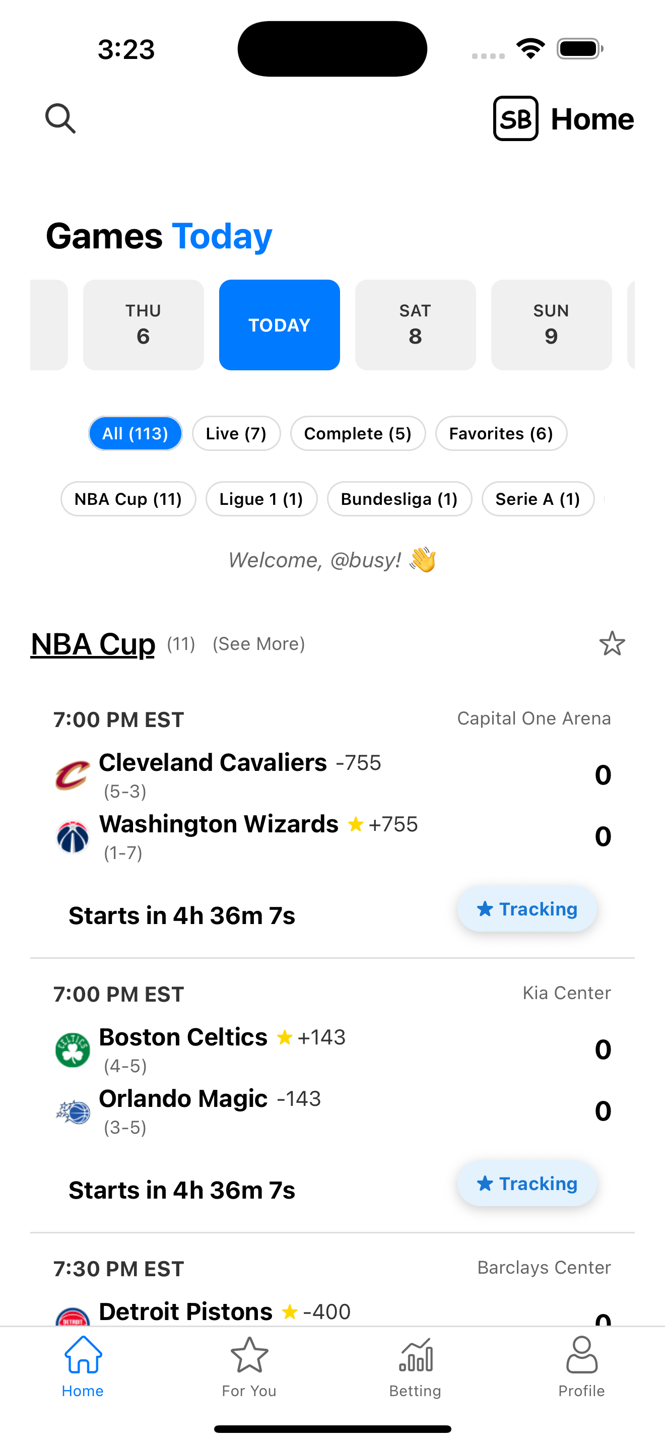SportBusy home screen